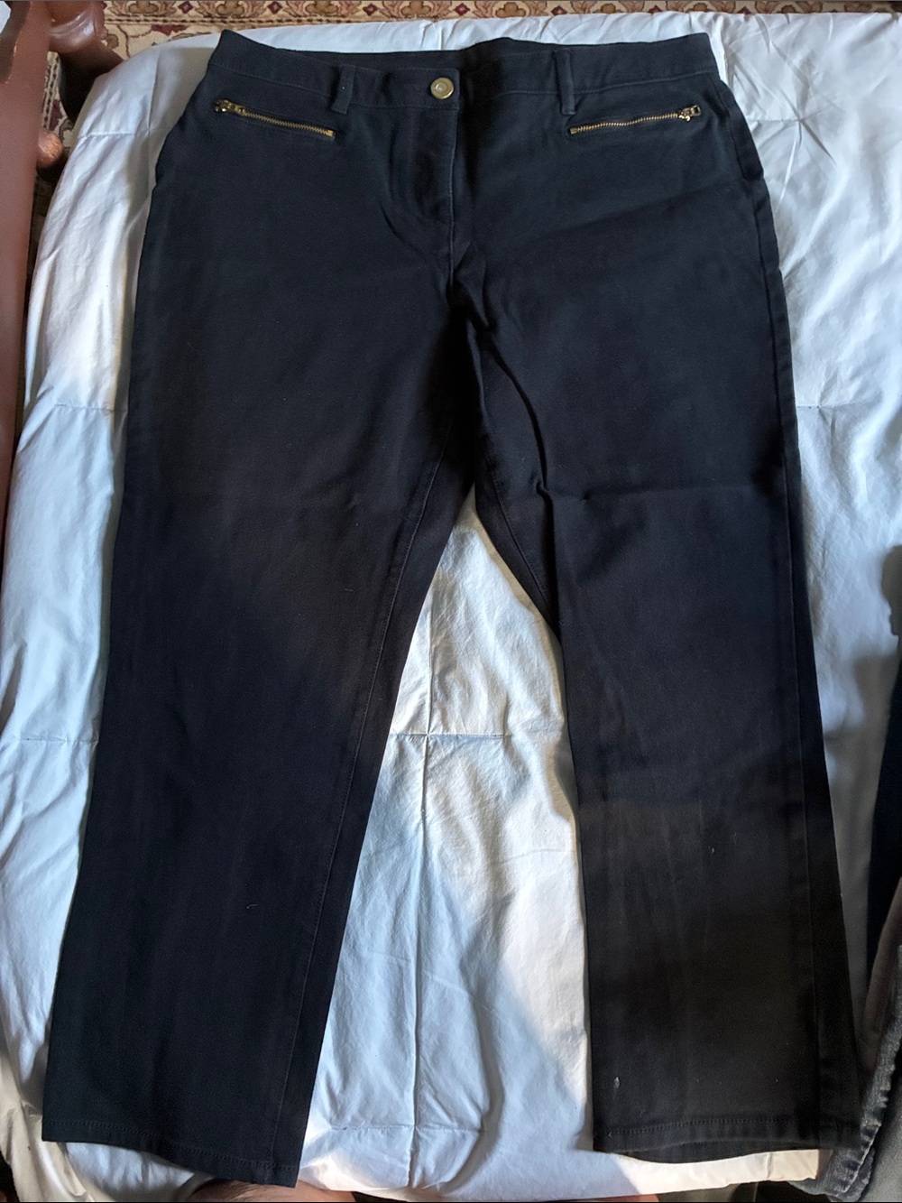 Chico's Black Skinny Jeans with Gold Zipper Detail